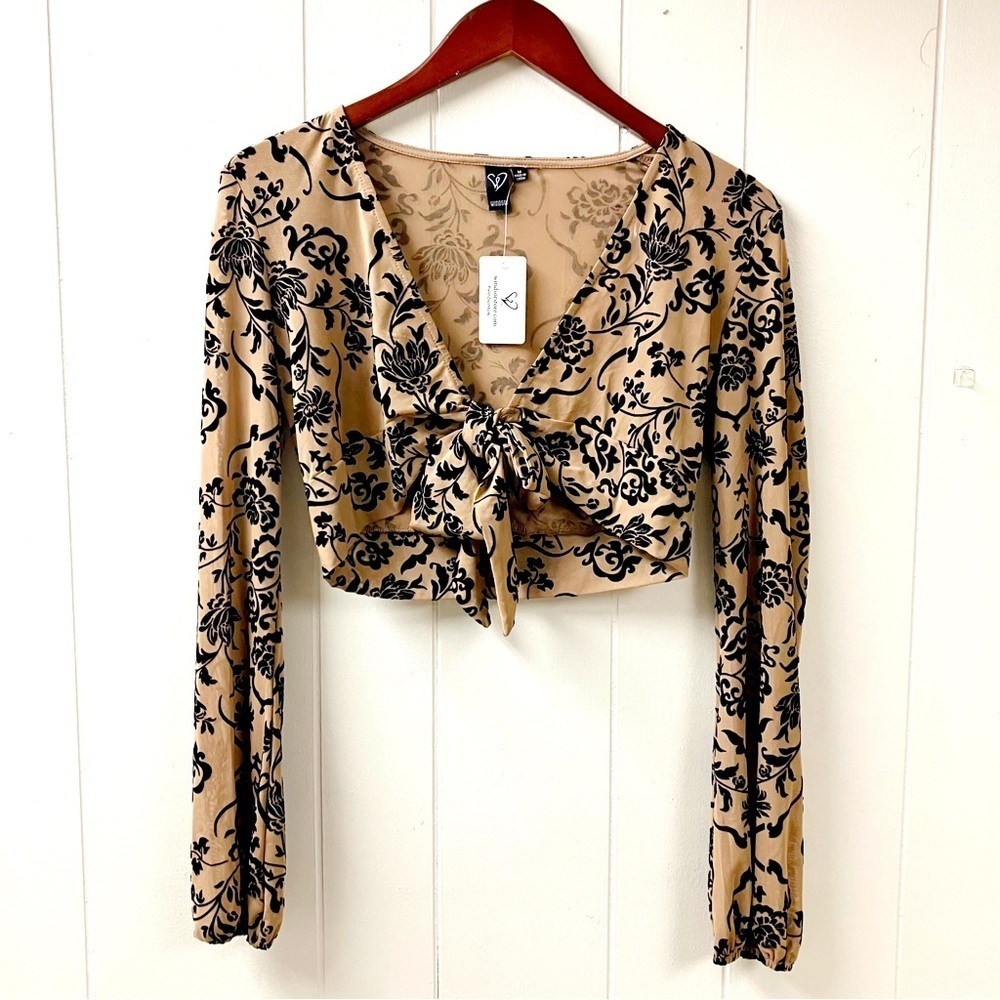 WINDSOR Womens Nude Mesh Black Velvet Floral Tie Front Cropped Top MEDIUM New